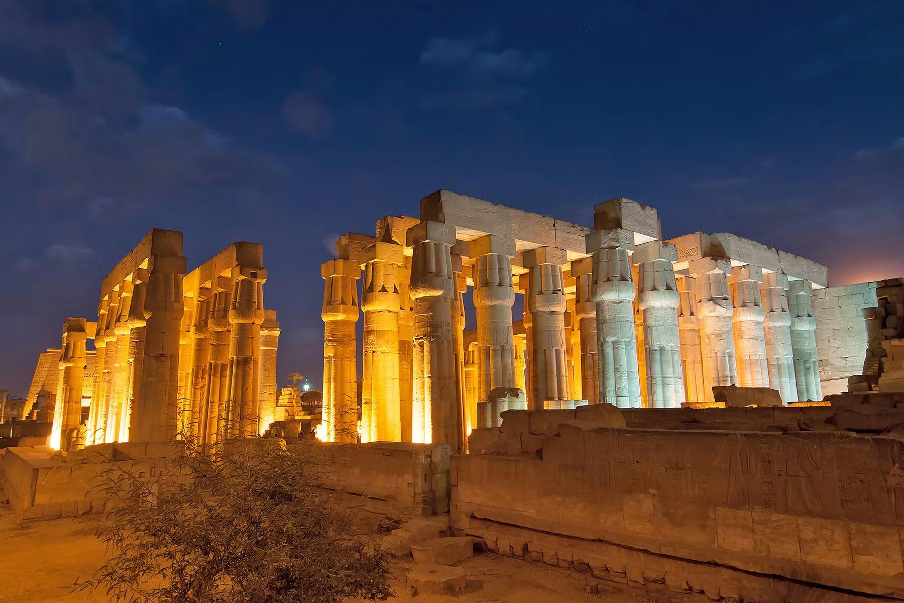 Luxor Temple columns illuminated at night