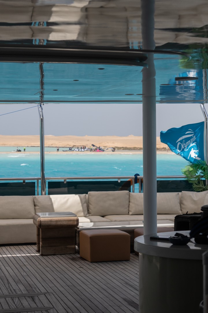 Shaded deck lounge aboard the Olympia